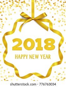 Happy New Year 2018. Greeting text 2018 with golden bow and circle ribbon frame. Winter holiday decoration.