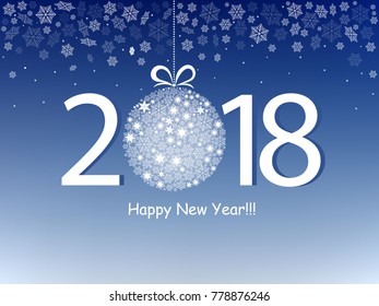 Happy New Year 2018 greeting blue design. Vector illustration with text and snowflakes