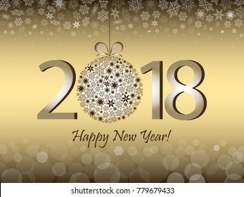 Happy New Year 2018 greeting gold design. Vector illustration with text, snowflakes and bokeh light