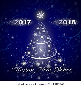 Happy New Year 2018 greeting card in blue and white. Abstract christmas tree with white stars and text. Vector illustration.