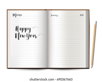 happy new year 2018 hand draw style on notebook with pencil  over  white background