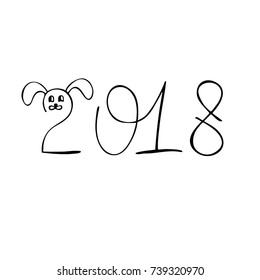 Happy New Year 2018! Hand drawn number 2018 and dog. Vector illustration.