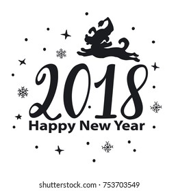happy new year 2018 hand drawn numbers graphic with jumping cartoon dog silhouette, stars, snowflakes