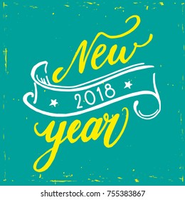 Happy new year 2018 hand written lettering quote with falling snow on blue mint background. Modern brush calligraphy - vector illustration