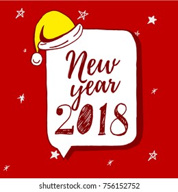 Happy New Year 2018 hand lettering text on red background. Vector greeting card for New Year card, poster, design