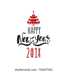 Happy New Year 2018. Hand drawn calligraphy text. Holiday typography design with christmas tree. Vector illustration EPS10.