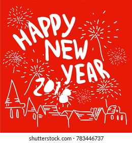 Happy New Year 2018 with hand written lettering, Modern brush calligraphy, Fireworks, vintage houses and roof, New year greeting card, on red background. Vector illustration.