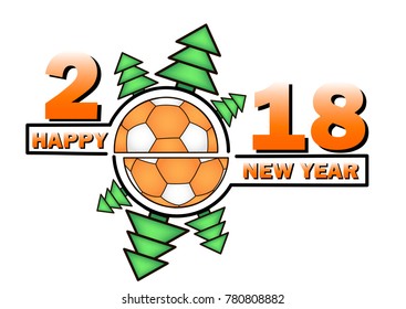 Happy new year 2018 and handball ball with Christmas trees. Vector illustration