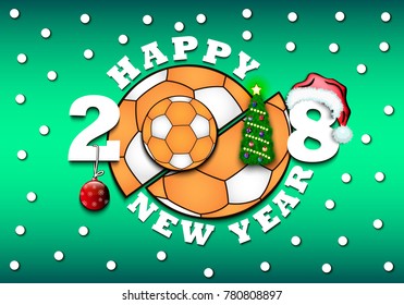happy new year 2018 and handball ball with hat, Christmas tree and ball. Vector illustration