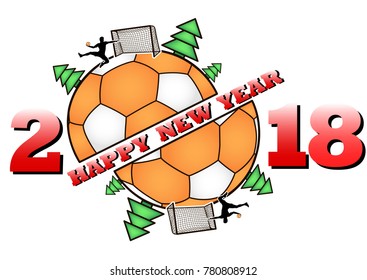 happy new year 2018 and handball ball with Christmas trees. Handball player scores a goal. Vector illustration
