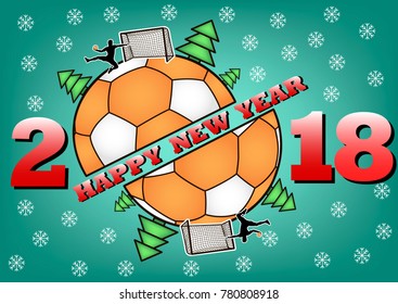 happy new year 2018 and handball ball with Christmas trees. Handball player scores a goal. Vector illustration