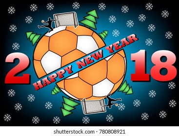 happy new year 2018 and handball ball with Christmas trees. Handball player scores a goal. Vector illustration