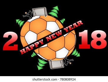 happy new year 2018 and handball ball with Christmas trees. Handball player scores a goal. Vector illustration