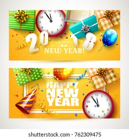 Happy New Year 2018 - Headers or banners with colorful gift boxes, balloons and party hat on orange background