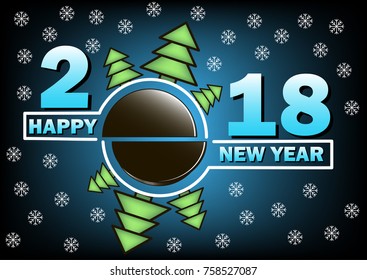 Happy new year 2018 and  hockey puck with Christmas trees. Vector illustration