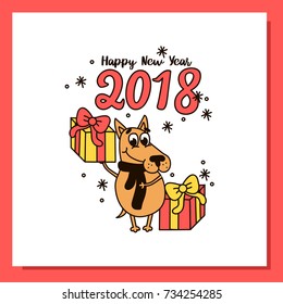 Happy New Year 2018. Holiday card with gifts, funny dog and snowflakes. Vector postcard. 