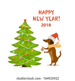 happy new year 2018 holidays cartoon dog dachshund decorating christmas tree