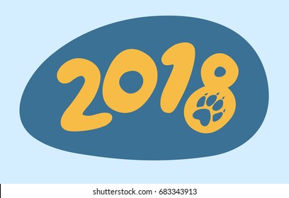 Happy new year 2018 icon with dog track. Vector flat illustration.