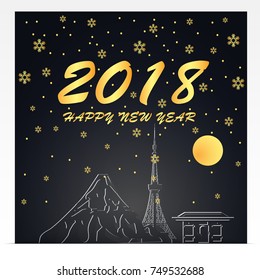  Happy New Year 2018 .Illustration of Japan Landmarks .Gold and black color tone.