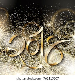 Happy new year 2018 illustration with gold glitters. Halftone golden glitter background with 2018 on it. Festive shiny backdrop with sparks and glares.