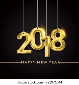 Happy New Year 2018 isolated on black background, text design hanging gold colored, vector elements for calendar and greeting card