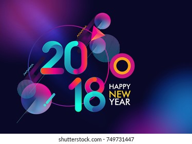 Happy New Year 2018 isolated on galactic background, colorful text design, vector elements for calendar, poster and greeting card.