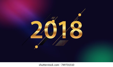 Happy New Year 2018 isolated on galactic background, text design gold colored, vector elements for calendar, poster and greeting card.