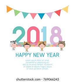 Happy New Year 2018 kids background, happy child with Happy new year 2018, dog's,Colorful Vector Illustration