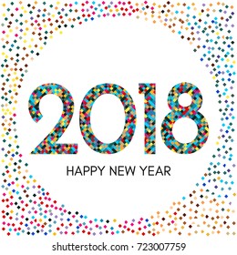 Happy New Year 2018 label with colorful confetti. New Year and Xmas Design Element Template. Vector Illustration.