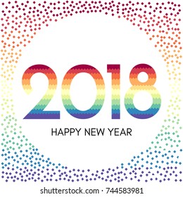 Happy New Year 2018 label with colorful confetti. New Year and Xmas Design Element Template. Vector Illustration.


