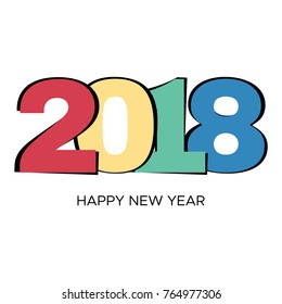 Happy New Year 2018 label with colorful confetti. New Year and Xmas Design Element Template. Vector Illustration.