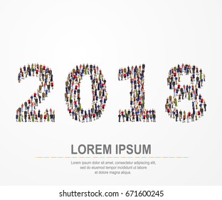 Happy New Year 2018. Large and diverse group of people seen from an aerial perspective, gathered together in the shape of number 2018. Vector illustration