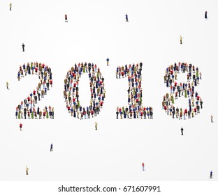 Happy New Year 2018. Large and diverse group of people seen from an aerial perspective, gathered together in the shape of number 2018. Vector illustration