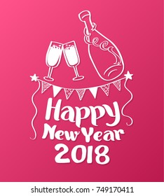 Happy New Year 2018 lettering with champaign on pink background. Vector illustration for New Year card and poster.