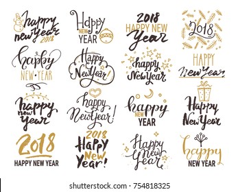 Happy New Year 2018 lettering. Handwritten emblem, text design with golden festive symbols for congratulation card, party invitation, banner, poster, flyer templates. Isolated vector set on background