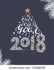 Happy New Year 2018 lettering text. Christmas tree decoration template mockup greeting card. Vector illustration