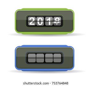 Happy New Year 2018 in Lime Green and blue flip cloc . vector mechanical flip clock in the process of the flip