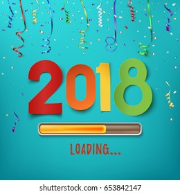 Happy New Year 2018 loading. Colorful design on background with ribbons and confetti. Greeting card, brochure or poster template. Vector illustration.