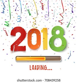 Happy New Year 2018 loading bar on white. Colorful abstract design. Background with ribbons and confetti. Greeting card template, brochure or poster. Vector illustration.