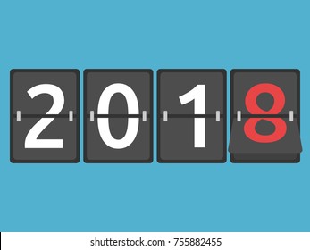 Happy New Year 2018 mechanical scoreboard congratulation, flip symbol on blue background. New year, happy and christmas concept. Flat design. Vector illustration. EPS 8, no transparency
