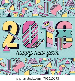 Happy New Year 2018. Memphis style template. Abstract frame with colorful geometric elements shapes. Vector background. 80’s 90’s style greeting card, brochure, flyer, presentation layout.