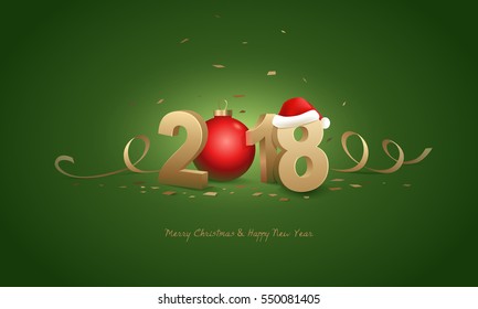 Happy New Year 2018 and Merry Christmas. Golden 3D numbers with Santa hat, red Christmas ball and confetti on a green background.