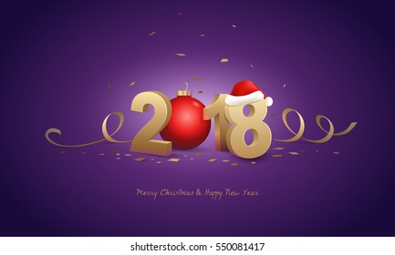 Happy New Year 2018 and Merry Christmas. Golden 3D numbers with Santa hat, red Christmas ball and confetti on a purple background.