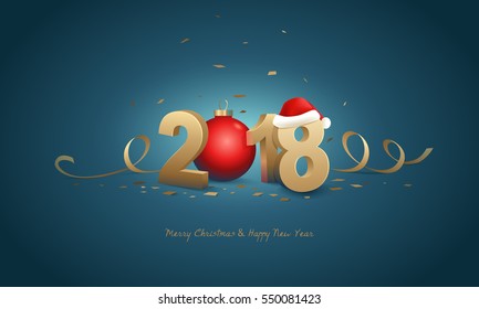 Happy New Year 2018 and Merry Christmas. Golden 3D numbers with Santa hat, red Christmas ball and confetti on a blue background.