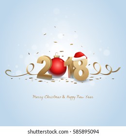 
Happy New Year 2018 and Merry Christmas. Golden 3D numbers with Santa hat, red Christmas ball and confetti on a bright background.