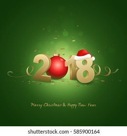 
Happy New Year 2018 and Merry Christmas. Golden 3D numbers with Santa hat, red Christmas ball and confetti on a green background.