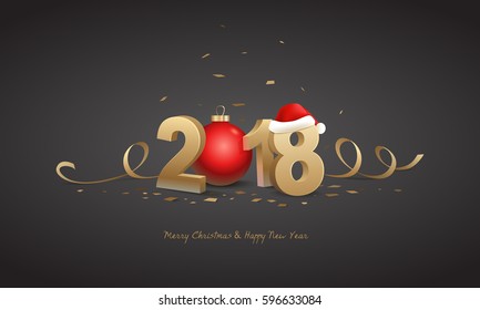 Happy New Year 2018 and Merry Christmas. Golden 3D numbers with Santa hat, red Christmas ball and confetti on a dark background.