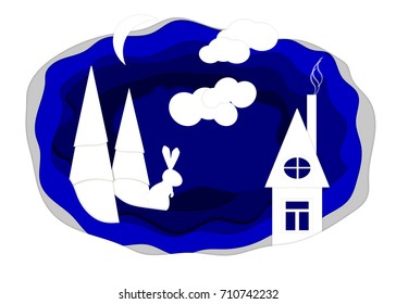 Happy new year, 2018, Merry Christmas vector illustration. Winter snow forest and house on the forest edge. Paper art style.