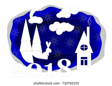 Happy new year, 2018, Merry Christmas vector illustration. Winter snow forest and house on the forest edge. Paper art style.