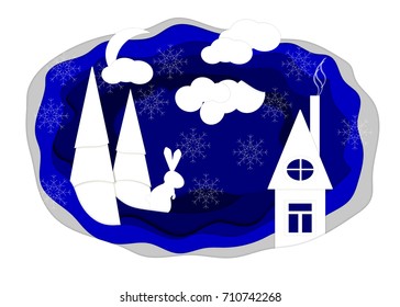 Happy new year, 2018, Merry Christmas vector illustration. Winter snow forest and house on the forest edge. Paper art style.